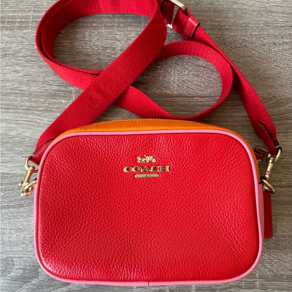 Coach Red and Orange Pebbled Leather Crossbody Camera Bag